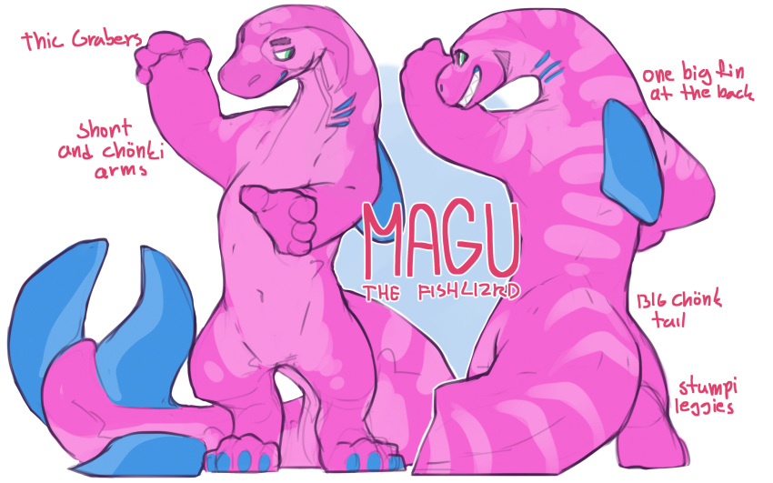 16:10 anthro blue_body blue_claws blue_fin blue_gills blue_scales claws english_text fin fish gills green_eyes hi_res magu male marine model_sheet multicolored_body multicolored_scales pink_body pink_scales pose redishdragie scales simple_background smile solo standing tail_fin teeth text thick_tail toe_claws two_tone_body two_tone_scales white_background widescreen