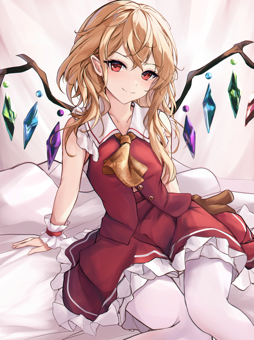 1girl absurdres adapted_costume alternate_hair_length alternate_hairstyle arm_support ascot bad_anatomy bad_leg bare_shoulders crystal flandre_scarlet highres long_hair looking_at_viewer no_headwear orchid_(orukido) pantyhose smile touhou white_pantyhose wings yellow_ascot