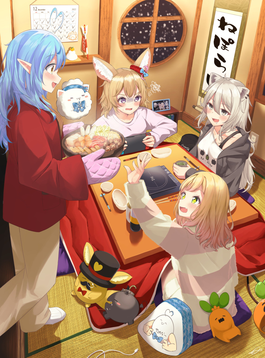 4girls @_@ absurdres ahoge alternate_costume animal_ears arrow_(projectile) black_jacket blonde_hair blue_bow blue_hair blush bow bowl breasts brown_pants calendar_(object) casual chopstick_rest chopsticks collarbone commentary cup cushion daifuku_(yukihana_lamy) drooling ear_piercing ear_scrunchie fang fish_cake floating food fox_ears green_eyes grey_eyes grey_hair hair_between_eyes hamaya handheld_game_console hanging_scroll heart heart_ahoge highres holding holding_handheld_game_console hololive hood hooded_jacket hot_plate hungry indoors jacket kagami_mochi kotatsu light_blue_hair lion_ears long_hair looking_at_another medium_breasts medium_hair mocacoco339 momosuzu_nene multiple_girls nabe nekko_(momosuzu_nene) nepolabo new_year night nintendo_switch off_shoulder omaru_polka open_clothes open_jacket open_mouth orange_eyes oven_mitts pants picture_frame piercing plaid plaid_bow playing_games pointy_ears profile purple_eyes purple_shirt red_jacket round_window saliva scroll shiitake shirt shishiro_botan signature sitting smile snow snowing socks sparkling_eyes squiggle ssrb_(shishiro_botan) steam striped striped_sweater sweat sweatdrop sweater sweating_profusely symbol-only_commentary table tatami teacup tofu virtual_youtuber wavy_mouth white_shirt white_socks window yukihana_lamy zain_(omaru_polka)