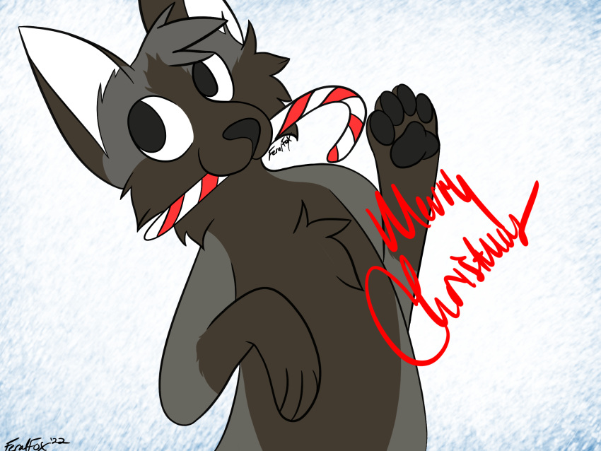 2022 candy candy_cane candy_cane_in_mouth canid canine chest_tuft christmas dessert digital_drawing_(artwork) digital_media_(artwork) english_text food fox fur gesture grey_body grey_fur hi_res holidays looking_at_viewer mammal red_fox silver_fox sketch snow text tuft watermark waving waving_at_viewer