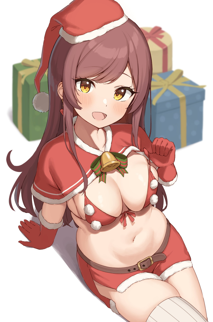 1girl absurdres arm_support bangs bell bikini blush breasts capelet christmas dot_nose from_above fur-trimmed_capelet fur-trimmed_gloves fur-trimmed_headwear fur_trim gloves hat highres idolmaster idolmaster_shiny_colors long_hair looking_at_viewer looking_up medium_breasts miniskirt navel open_mouth osaki_amana red_bikini red_capelet red_gloves red_hair red_headwear santa_bikini santa_costume santa_gloves santa_hat sitting skindentation skirt smile solo striped striped_thighhighs swept_bangs swimsuit thighhighs vertical-striped_thighhighs vertical_stripes wanimaru white_thighhighs yellow_eyes