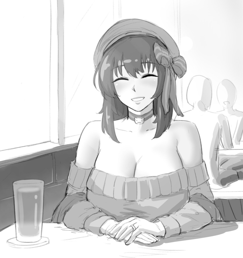 1girl 2others bangs black_hair breasts choker cleavage closed_eyes coaster cup drinking_glass facing_viewer hair_ribbon hat highres large_breasts long_hair monochrome multiple_others open_mouth original own_hands_together pov ribbon roresu sitting smile sweater table teeth window