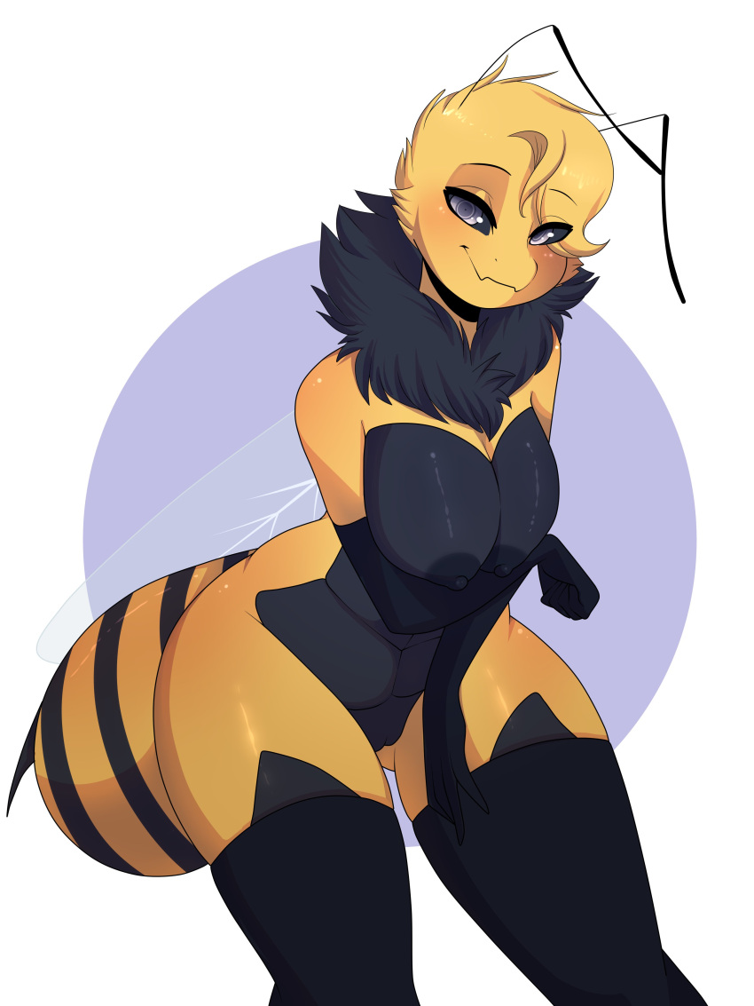 absurd_res antennae_(anatomy) anthro arm_under_breasts arthropod arthropod_abdomen bee big_breasts black_body black_eyes black_nipples blonde_hair breasts clothing female genitals hair hi_res hymenopteran insect legwear legwear_only looking_at_viewer mostly_nude neck_tuft nipples nude pussy seirva simple_background smile solo stinger stockings stockings_only thigh_highs tuft yellow_body