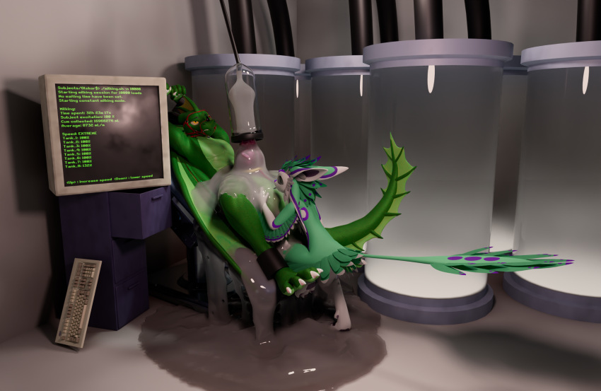 3d_(artwork) 4_ears anthro avali avali_(original) balls big_balls big_penis bodily_fluids cum digital_media_(artwork) dragon duo eitami ejaculation feathered_wings feathers genital_fluids genitals green_body hi_res male male/male maxime66410 multi_ear olskor penis sex sex_toy solo text white_body wings