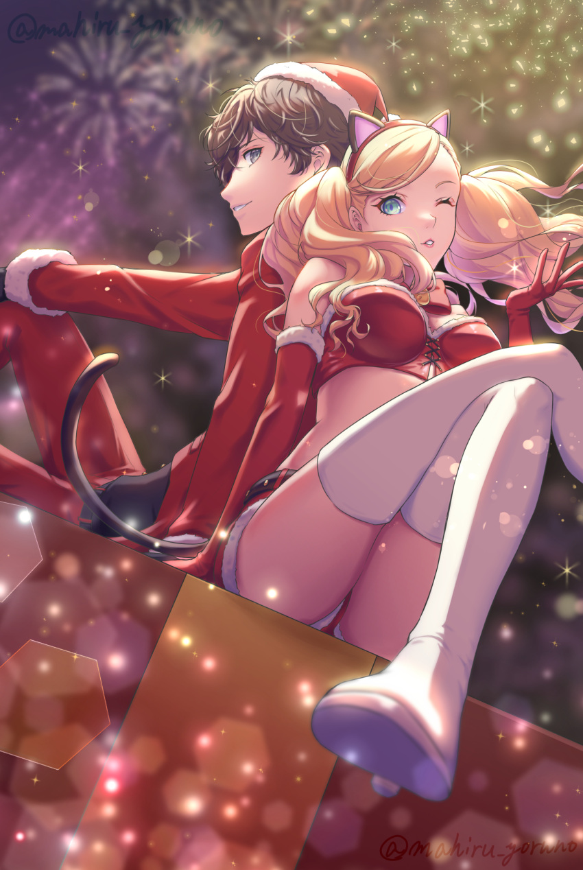 1boy 1girl amamiya_ren animal_ears back-to-back black_hair blonde_hair boots breasts cat_ears cat_tail christmas crop_top crossed_legs elbow_gloves fake_animal_ears fireworks floating_hair fur_trim gloves green_eyes grey_eyes grin hand_up hat high_heel_boots high_heels highres knees_up large_breasts light_particles long_hair night night_sky one_eye_closed parted_lips persona persona_5 red_gloves red_shorts santa_costume santa_gloves santa_hat short_hair short_shorts shorts sitting sky smile snowing tail takamaki_anne thigh_boots thighhighs thighs twintails twitter_username white_thighhighs yoruno_mahiru