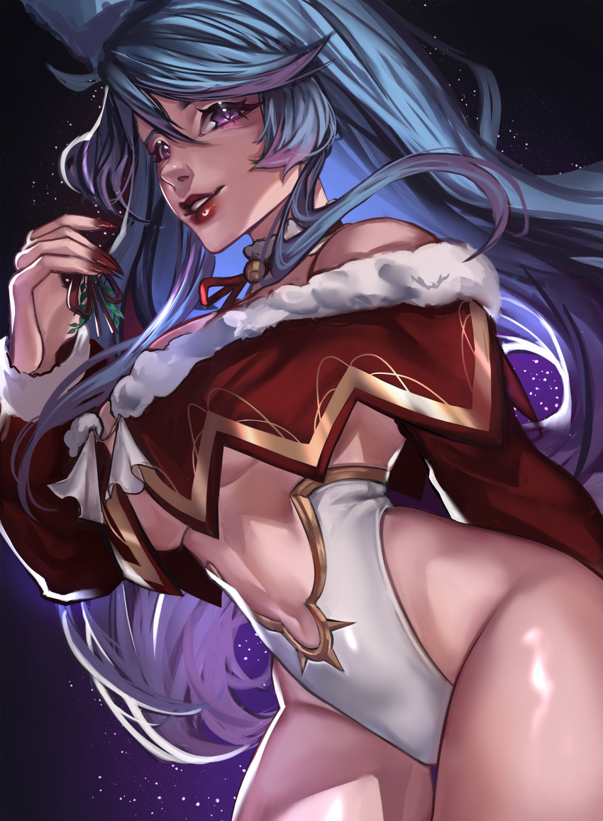 1girl absurdres animal_ear_fluff animal_ears bangs blue_eyes blue_hair breasts cleavage collar detached_sleeves english_commentary frilled_collar frills fur-trimmed_sleeves fur_trim highres large_breasts leotard long_hair mistletoe multicolored_hair nail_polish navel pink_hair red_nails red_sleeves santa_leotard silvervale strapless strapless_leotard streaked_hair suliavtuber swept_bangs underboob virtual_youtuber vshojo white_collar white_leotard wolf_ears wolf_girl