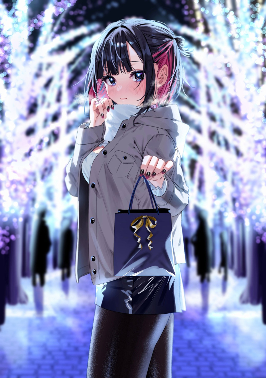 1girl bag bangs black_hair black_nails blue_eyes blurry blurry_background blush breasts breath buttons chigusa_minori cleavage_cutout clothing_cutout coat commentary cowboy_shot frills highres holding holding_bag looking_at_viewer miniskirt multicolored_hair open_clothes open_coat original paper_bag pink_hair pocket ribbon scarf shirt sidelocks skirt smile solo_focus stone_floor tree two-tone_hair white_shirt