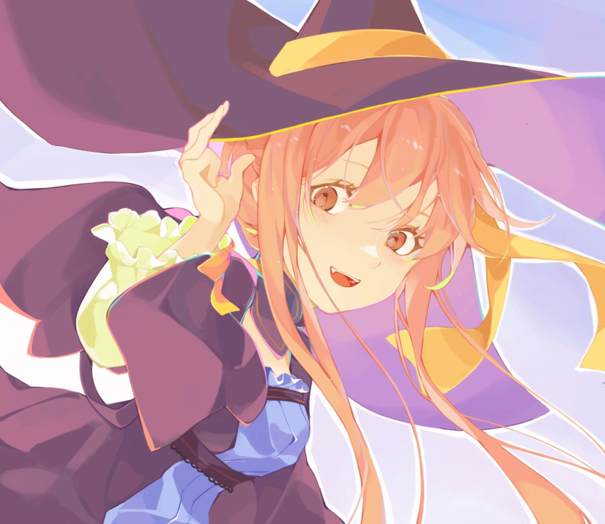 1girl :d atelier_(series) atelier_ayesha bangs coat detached_collar eyelashes hair_ribbon hand_up hat highres long_hair long_sleeves open_mouth orange_eyes pink_hair pink_pupils purple_coat purple_headwear ribbon short_hair_with_long_locks smile solo teeth upper_teeth_only virno wilbell_voll-ersleid witch_hat yellow_ribbon