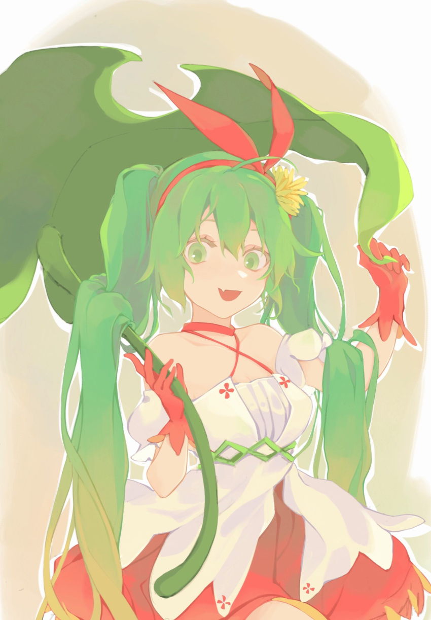 1girl :d ahoge bangs bare_shoulders blonde_hair breasts choker cleavage fang flower gloves gradient_hair green_eyes hair_between_eyes hairband halterneck hatsune_miku highres holding leaf_umbrella light_green_hair long_hair medium_breasts multicolored_hair open_mouth red_choker red_gloves red_hairband red_ribbon red_skirt ribbon shirt skin_fang skirt smile solo twintails two-tone_hair very_long_hair virno vocaloid white_shirt yellow_flower