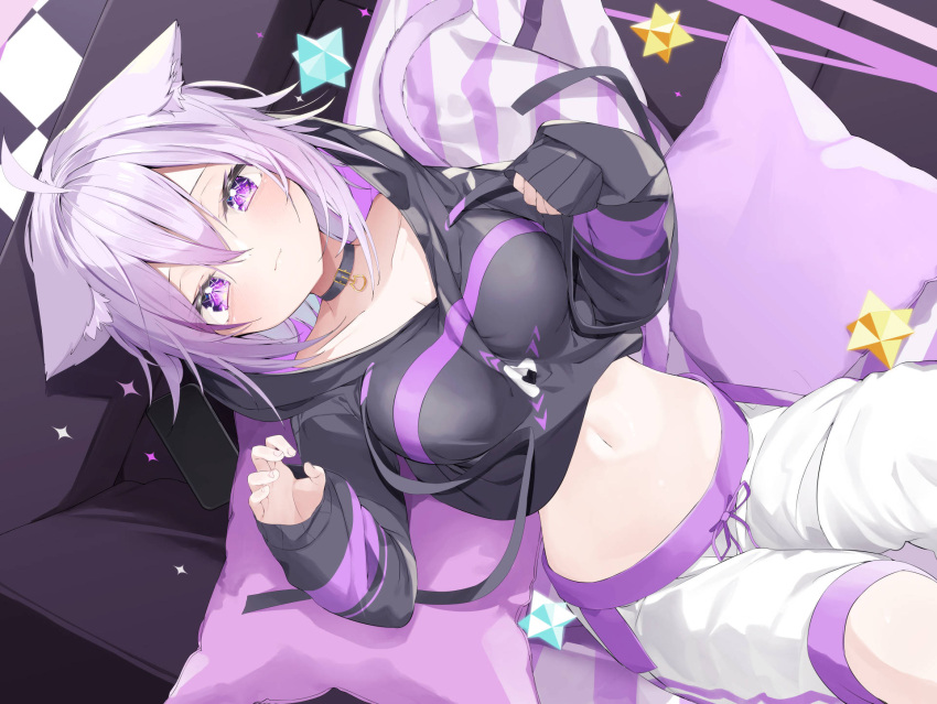 1girl ahoge animal_ear_fluff animal_ears bangs belly black_choker black_shirt blue_hair blush breasts cat_ears cat_girl cat_tail cellphone checkered_clothes choker cleavage closed_mouth collarbone commentary commentary_request couch crop_top food from_above hair_between_eyes hand_up highres hololive kamioka_shun'ya large_breasts long_sleeves looking_at_viewer lying medium_hair midriff navel nekomata_okayu on_back on_couch onigiri onigiri_print pants phone pillow purple_eyes purple_hair shirt smartphone sparkle stellated_octahedron tail