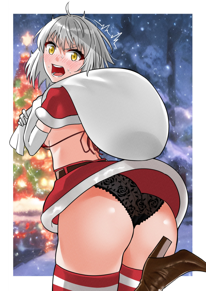 1girl absurdres ass bangs black_panties blush breasts capelet christmas elbow_gloves fate/grand_order fate_(series) fur-trimmed_capelet fur-trimmed_skirt fur_trim gloves grey_hair highres jeanne_d'arc_alter_(avenger)_(fate) jeanne_d'arc_alter_(fate) large_breasts looking_at_viewer looking_back miniskirt open_mouth panties red_capelet red_skirt sack short_hair skirt tomotomow00w underwear white_gloves yellow_eyes