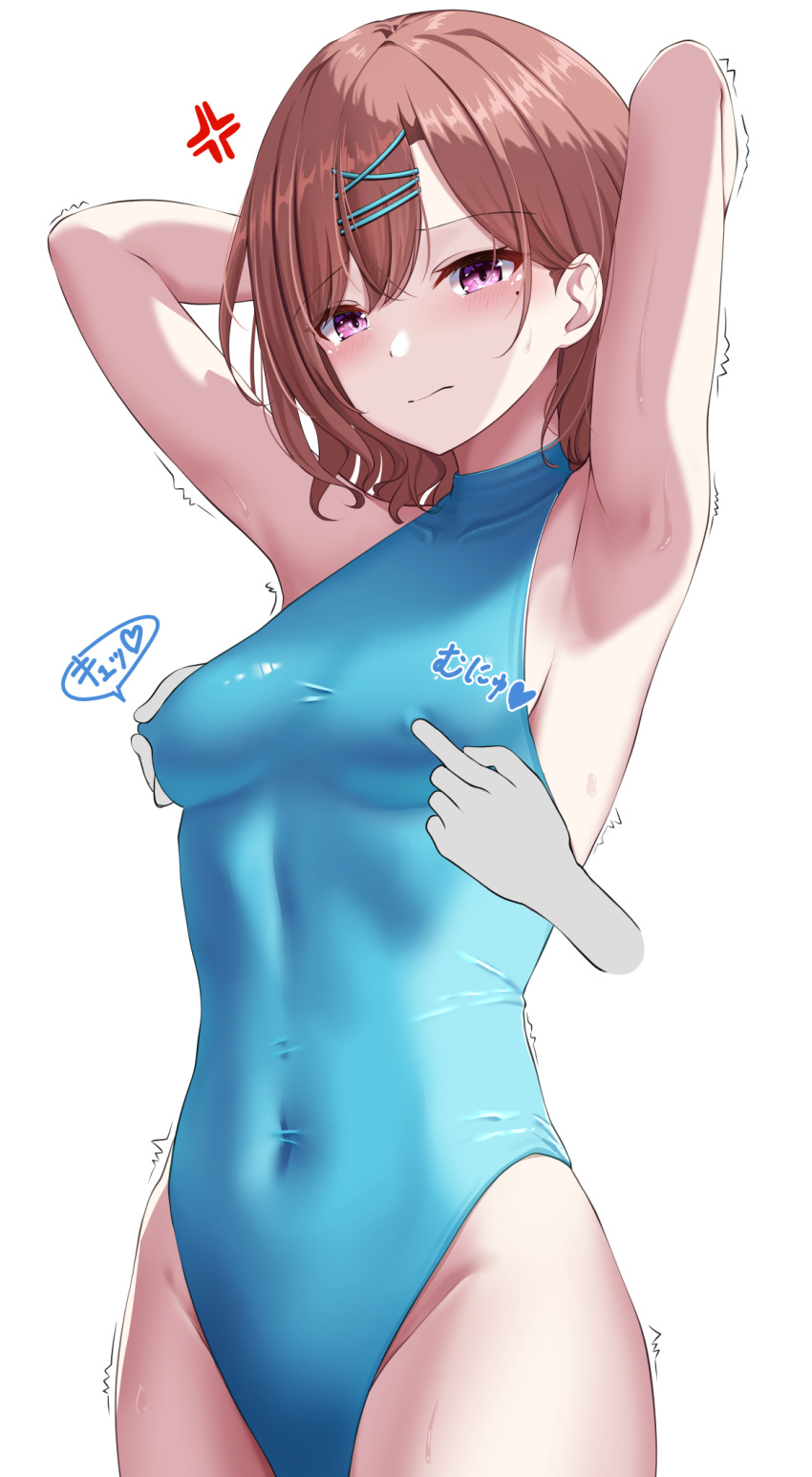 1girl anger_vein armpits bangs blue_one-piece_swimsuit breasts brown_hair commentary_request commission covered_navel cowboy_shot disembodied_limb hibika highres higuchi_madoka idolmaster idolmaster_shiny_colors mole mole_under_eye nipple_tweak purple_eyes short_hair simple_background skeb_commission small_breasts solo sweater swept_bangs swimsuit trembling turtleneck white_background