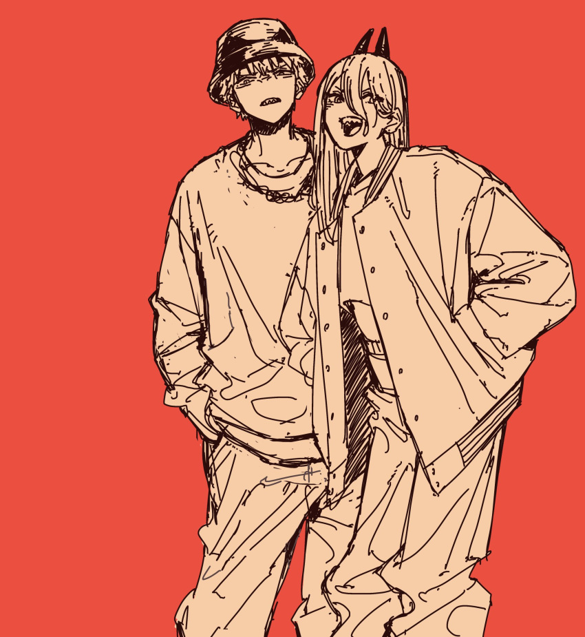 1boy 1girl bucket_hat chainsaw_man denji_(chainsaw_man) grey_hair hair_between_eyes hands_in_pockets hat highres horns jacket long_hair looking_at_viewer monochrome open_mouth power_(chainsaw_man) red_background red_theme sharp_teeth shirt short_hair simple_background tamagosan1001 teeth white_shirt