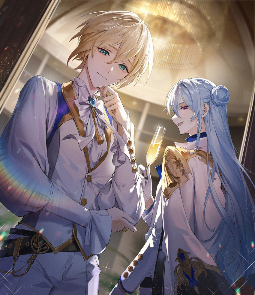 0jae 2boys :d aqua_eyes belt belt_buckle black_belt blonde_hair blue_hair blue_shirt blurry blurry_background bow bowtie braid brooch buckle buttons coat coat_on_shoulders commentary_request cowboy_shot dutch_angle ensemble_stars! formal from_behind gloves hair_between_eyes hair_bun half_updo hand_on_own_elbow hand_up hibiki_wataru highres jacket jewelry korean_commentary light_blue_hair light_smile long_hair long_sleeves looking_at_viewer looking_back male_focus multiple_boys pants puffy_sleeves purple_eyes ring shirt short_hair side_braid single_hair_bun smile sparkle tassel tenshouin_eichi upper_body white_bow white_bowtie white_coat white_gloves white_jacket white_pants white_shirt