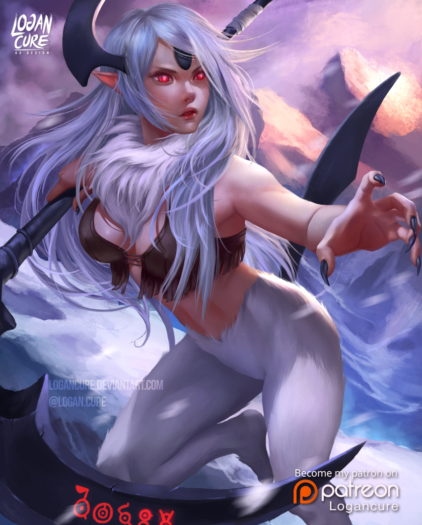 1girl absol absurdres arm_up artist_name bare_shoulders barefoot black_nails blue_gemstone blue_horns body_fur bottomless breasts brown_shirt character_name claws commentary_request commission crop_top deviantart_username english_commentary forehead_jewel fur_collar gem glowing glowing_eyes grey_hair highres holding holding_scythe horns leg_up lips logan_cure long_hair medium_breasts mountain navel outdoors outstretched_arm parted_lips patreon_logo patreon_username personification pointy_ears pokemon pokemon_(creature) red_eyes scythe shirt sidelocks signature single_horn sleeveless sleeveless_shirt solo standing standing_on_one_leg stomach tail teeth twitter_username unown unown_a unown_b unown_l unown_o unown_s unownglyphics v-shaped_eyebrows watermark web_address white_fur