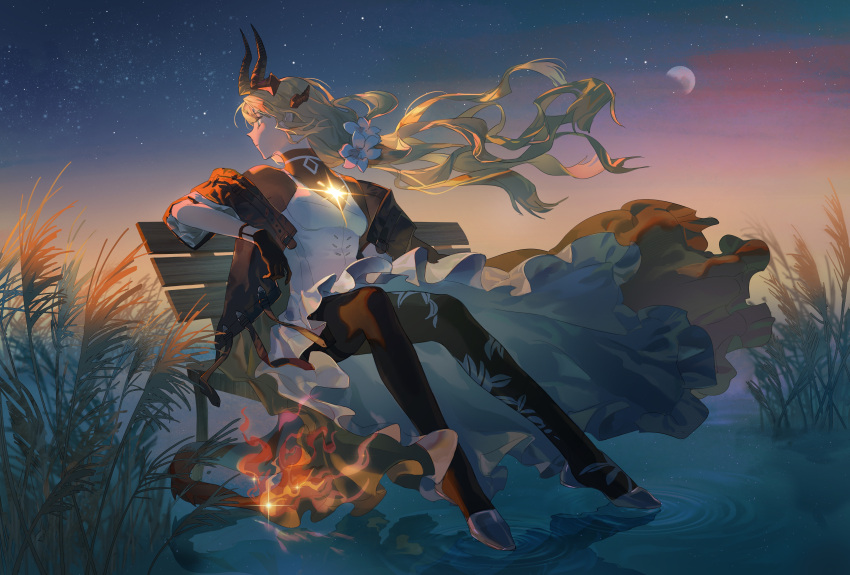 1girl absurdres arknights bench black_bodysuit black_gloves black_jacket blonde_hair blue_eyes bodysuit caoluchongdunmogu dragon_girl dragon_horns dragon_tail dress fire flame-tipped_tail flower full_body gloves glowing hair_between_eyes hair_flower hair_ornament highres horns jacket long_hair looking_to_the_side moon night night_sky open_clothes open_jacket outdoors park_bench reed_(arknights) short_sleeves sitting sitting_on_bench sky solo tail very_long_hair water white_dress white_flower wind