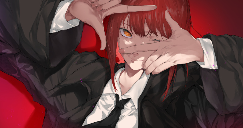 1girl ;) absurdres bangs black_jacket black_necktie chainsaw_man closed_mouth collared_shirt commentary commentary_request finger_frame formal highres jacket kosmo1214 long_sleeves looking_at_viewer makima_(chainsaw_man) necktie one_eye_closed red_background red_hair ringed_eyes shirt sidelocks smile solo white_shirt yellow_eyes