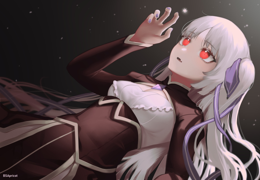 1girl artia bangs breasts bsapricot cleavage dress fang highres hololive hololive_china long_hair long_sleeves open_mouth purple_nails red_eyes skin_fang snowflakes solo standing twintails very_long_hair virtual_youtuber white_hair