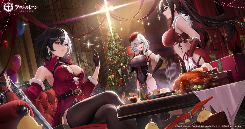 3girls agano_(azur_lane) azur_lane bangs bell belt bird black_belt black_bra black_dress black_gloves black_hair bra breasts bruenhilde_(azur_lane) cake chick christmas_tree cleavage_cutout clothing_cutout couch covered_navel crossed_legs detached_sleeves dress floating_hair food from_side fur-trimmed_sleeves fur_trim glint gloves grey_hair guernical hair_between_eyes hand_on_hip highres holding holding_sword holding_weapon indoors large_breasts long_hair looking_at_viewer luetzow_(azur_lane) manjuu_(azur_lane) multicolored_hair multiple_girls official_art on_couch open_mouth parted_lips pelvic_curtain ponytail red_headwear see-through single_glove sitting sleeveless standing sword table thighhighs thighs turkey_(food) two-tone_hair underwear weapon white_gloves white_hair