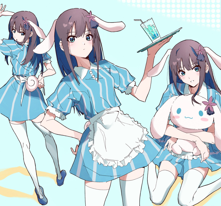 1girl absurdres animal_ears apron bloom_into_me15 blue_background blue_dress blue_eyes blue_footwear brown_hair cup dress fake_animal_ears flower hair_flower hair_ornament highres holding holding_stuffed_toy holding_tray idolmaster idolmaster_cinderella_girls long_hair multiple_views puffy_short_sleeves puffy_sleeves rabbit_ears shibuya_rin short_sleeves stuffed_animal stuffed_bunny stuffed_toy thighhighs tray waitress white_apron white_thighhighs