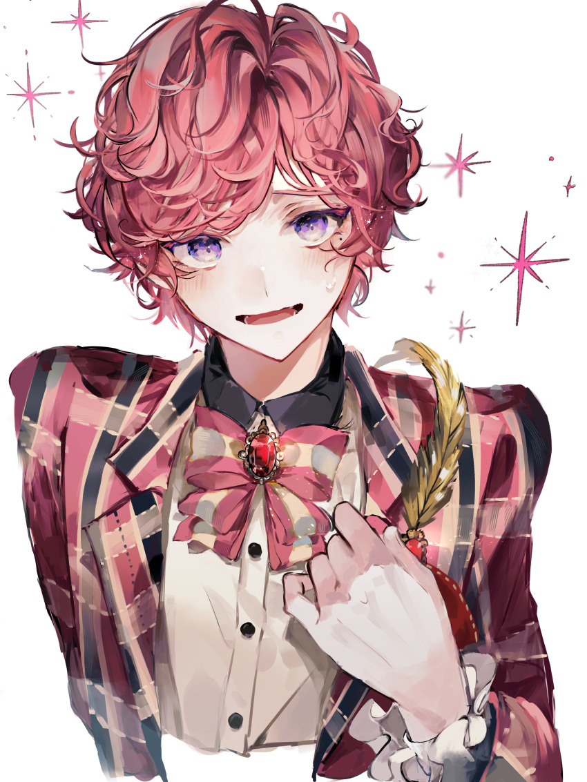 1boy :d absurdres bangs blush bow bowtie brooch chloe_collins collared_shirt cropped_torso curly_hair dress_shirt feathers frilled_sleeves frills gem highres jacket jewelry lapel_pin looking_at_viewer mahoutsukai_no_yakusoku male_focus mole mole_under_eye nervous_smile open_clothes open_jacket plaid plaid_jacket purple_eyes red_bow red_bowtie red_gemstone red_hair red_jacket shirt simple_background smile solo sparkle sweatdrop swept_bangs two-tone_bow u-sama_(u_summer0719) white_background white_shirt