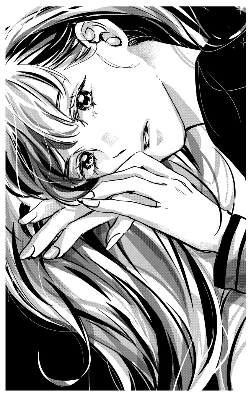 1girl bangs border bright_pupils eyelashes fingernails greyscale hair_behind_ear hair_flowing_over highres lips long_fingernails long_hair looking_away monochrome original parted_lips saitou_shiori_(pixiv14549321) simple_background sleeve_cuffs solo teeth