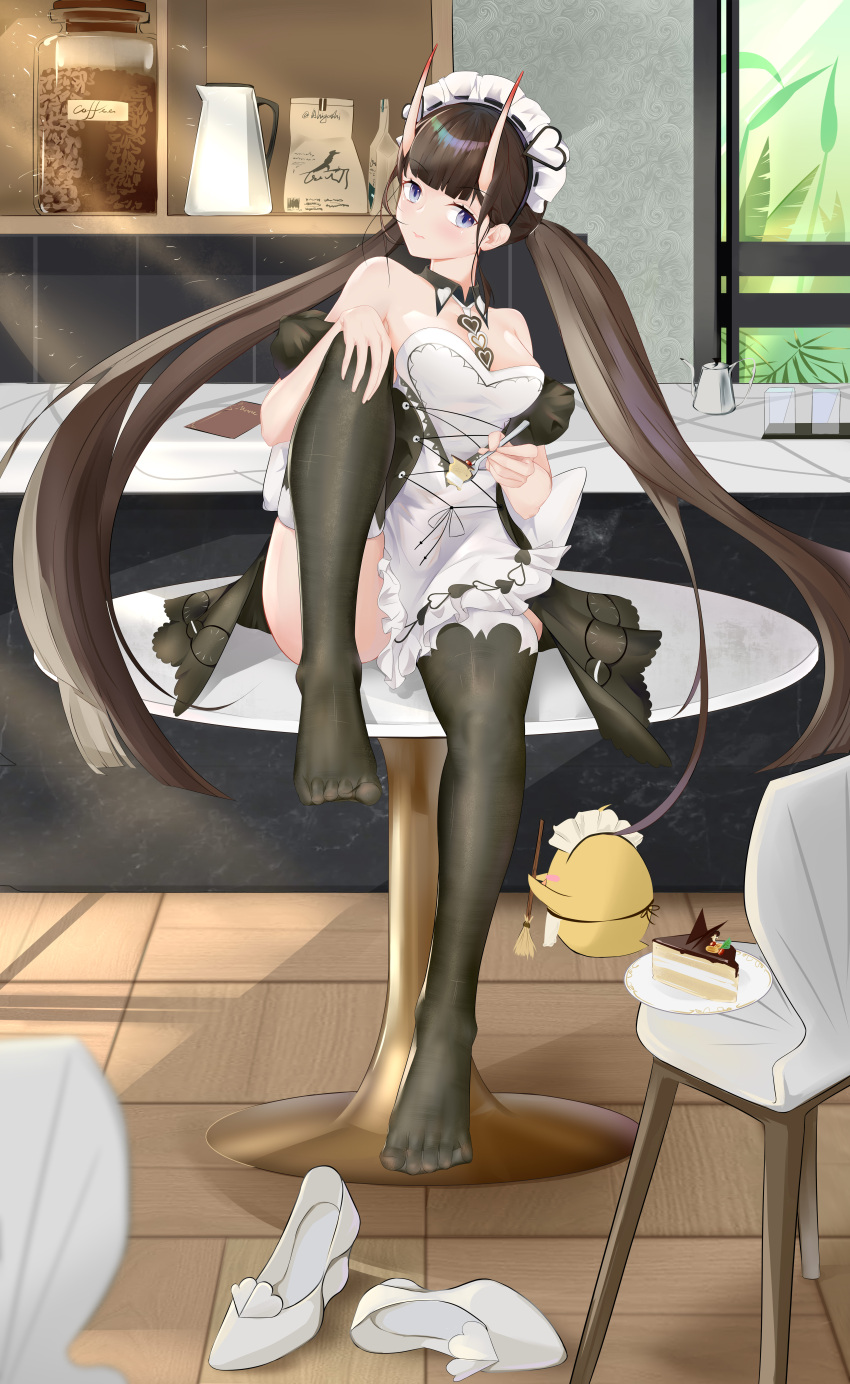 1girl absurdres ahigashi_(3098644761) apron azur_lane black_collar black_thighhighs breasts broom brown_hair cake cake_slice chair chinese_commentary cleavage collar detached_collar detached_sleeves food high_heels highres holding holding_broom horns indoors long_hair looking_at_viewer maid maid_apron maid_headdress manjuu_(azur_lane) medium_breasts noshiro_(azur_lane) noshiro_(hold_the_ice)_(azur_lane) official_alternate_costume oni_horns puffy_short_sleeves puffy_sleeves purple_eyes round_table shoes shoes_removed short_sleeves sitting sitting_on_table soles solo table thighhighs twintails very_long_hair white_apron white_footwear
