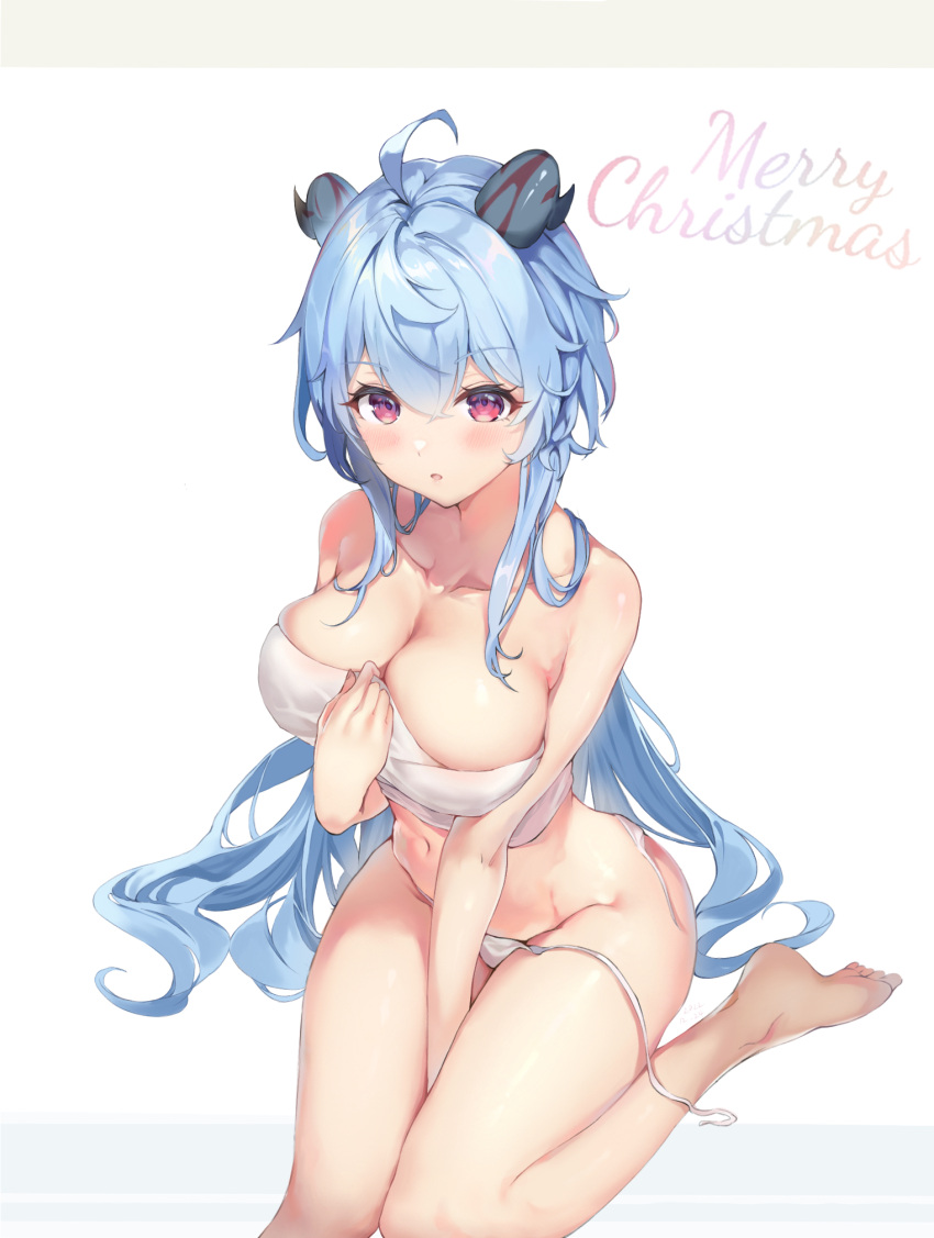 1girl ahoge alternate_costume bangs bare_arms bare_legs bare_shoulders barefoot between_legs blue_hair breasts cleavage crop_top feet ganyu_(genshin_impact) genshin_impact goat_horns hand_between_legs hand_up highres horns large_breasts long_hair merry_christmas navel panties parted_lips purple_eyes shirt side-tie_panties sidelocks simple_background sitting solo stomach string_panties thighs toes underwear untied untied_panties vv-zz white_background white_shirt