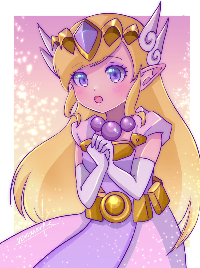 1girl belt blonde_hair dress elbow_gloves eyelashes gloves hair_ornament highres jewelry long_hair necklace nonoworks open_mouth own_hands_together pointy_ears princess_zelda purple_dress purple_eyes signature solo the_legend_of_zelda the_legend_of_zelda:_spirit_tracks tiara white_gloves