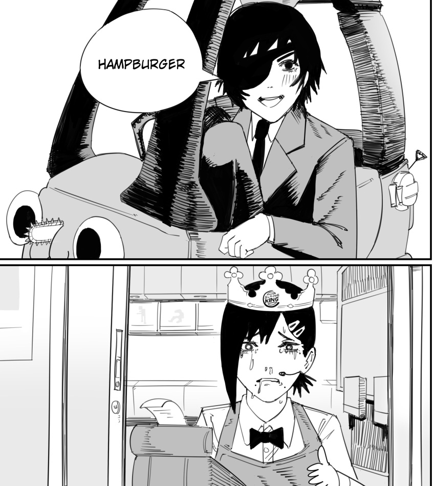2girls absurdres among_us apron black_hair black_jacket black_necktie burger_king car cashier chainsaw_man collared_shirt cozy_coupe crown crying drive-thru english_audio english_text eyepatch five_nights_at_freddy's formal greyscale ground_vehicle hair_ornament hairclip headset higashiyama_kobeni highres himeno_(chainsaw_man) hip_hop jacket little_tikes looking_at_viewer meme monochrome motor_vehicle multiple_girls necktie open_mouth pochita_(chainsaw_man) shirt short_hair short_ponytail simple_background single_sidelock smile speech_bubble suit sweat thumbs_up vehicalization white_background white_shirt william_afton window xyanaid