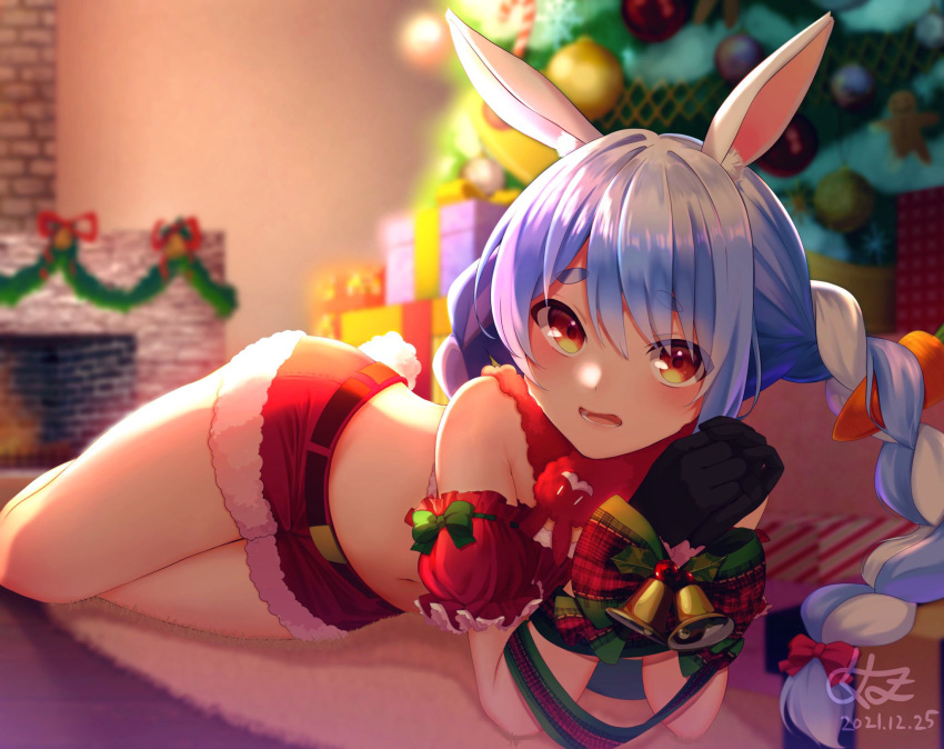 1girl alternate_costume animal_ear_fluff animal_ears bangs bare_legs black_gloves blue_hair blurry blurry_background blush bound bound_wrists bow braid carrot_hair_ornament christmas christmas_ornaments christmas_present christmas_tree commentary_request crop_top dated emoriza fireplace food-themed_hair_ornament full_body fur-trimmed_shorts fur_trim gift gloves hair_ornament highres hololive indoors long_hair looking_at_viewer lying mistletoe navel on_side open_mouth own_hands_together rabbit_ears rabbit_girl rabbit_tail red_bow red_eyes red_scarf red_shorts scarf shorts signature solo tail thick_eyebrows twin_braids usada_pekora virtual_youtuber