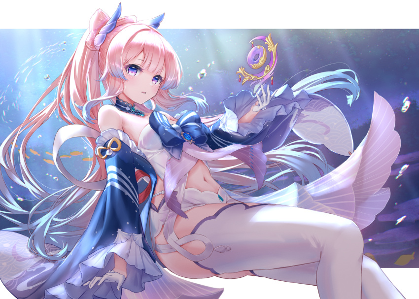 1girl air_bubble arm_at_side babydoll bangs bare_shoulders blue_bow blue_choker blue_gemstone blue_sleeves blunt_bangs bow bow-shaped_hair breasts bubble choker colored_tips commentary_request detached_sleeves doughnut feet_out_of_frame floating_hair food frilled_sleeves frills gem genshin_impact gloves gradient_hair half_gloves hand_up head_wings highres kachayori lace-trimmed_choker lace_trim letterboxed long_hair long_sleeves looking_afar multicolored_hair navel panties parted_lips pink_hair purple_eyes sangonomiya_kokomi sidelocks small_breasts solo stomach thighhighs thighs twintails two-tone_hair underwater underwear very_long_hair vision_(genshin_impact) water white_gloves white_panties white_thighhighs wide_sleeves