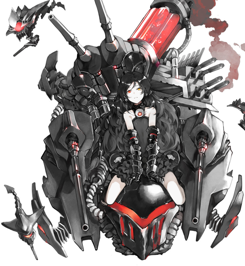 1girl azur_lane bare_legs bare_shoulders between_legs black_dress black_gloves black_hair breasts cannon curly_hair dress elbow_gloves frilled_dress frills full_body gauntlets gloves grin hair_between_eyes hand_between_legs heterochromia highres legs_folded long_hair looking_at_viewer official_art pale_skin red_eyes riding rigging siren_(azur_lane) siren_the_devil_xv_(azur_lane) sitting sleeveless sleeveless_dress small_breasts smile solo straddling transparent_background turret v_arms very_long_hair yellow_eyes