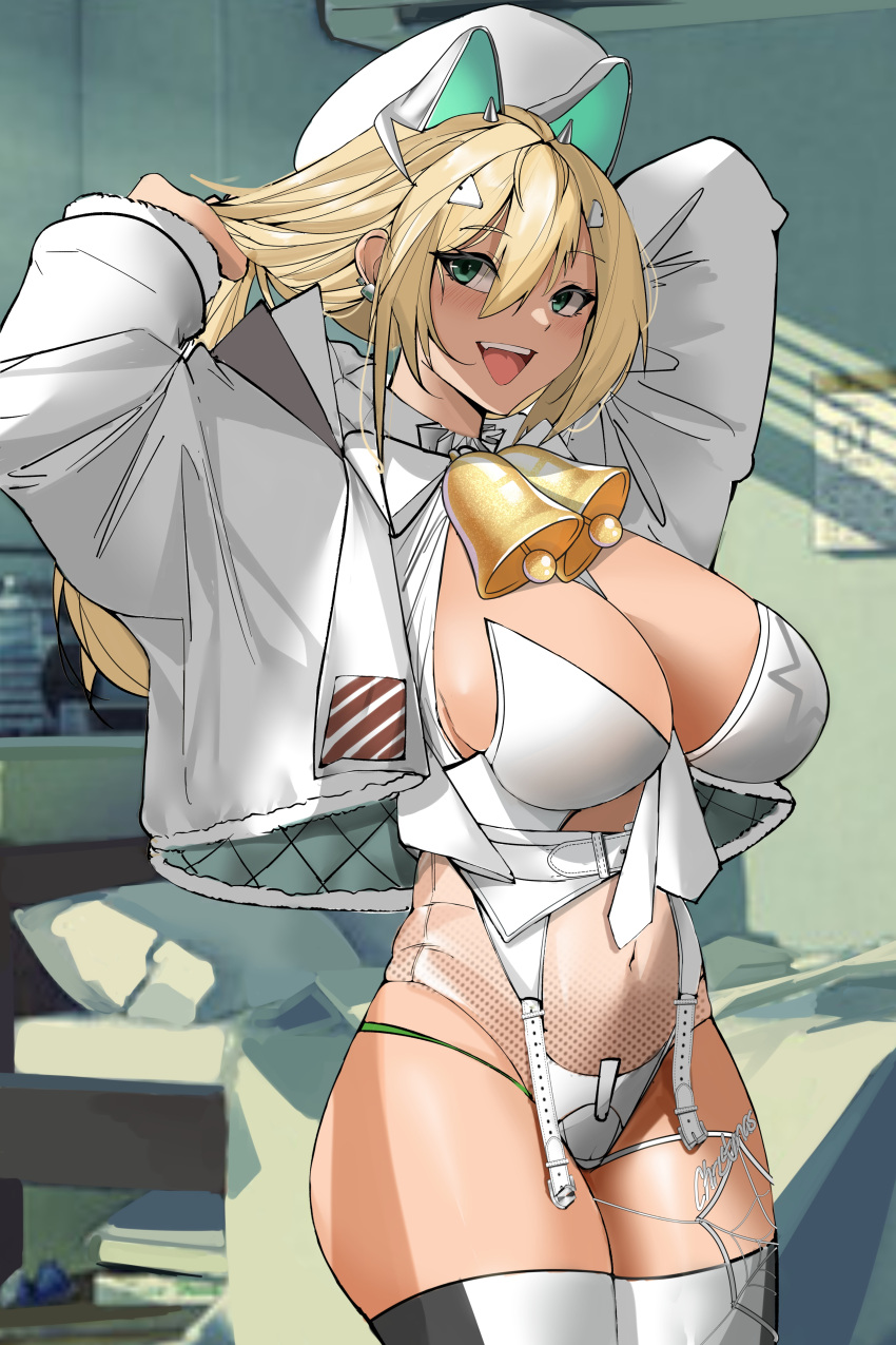 1girl absurdres bell blonde_hair breasts cleavage covered_navel cropped_jacket goddess_of_victory:_nikke green_eyes gyaru hand_in_own_hair highres jacket large_breasts long_hair neck_bell open_clothes open_jacket open_mouth phantasmaliagon rupee_(nikke) rupee_(winter_shopper)_(nikke) smile solo teeth thighhighs upper_teeth_only