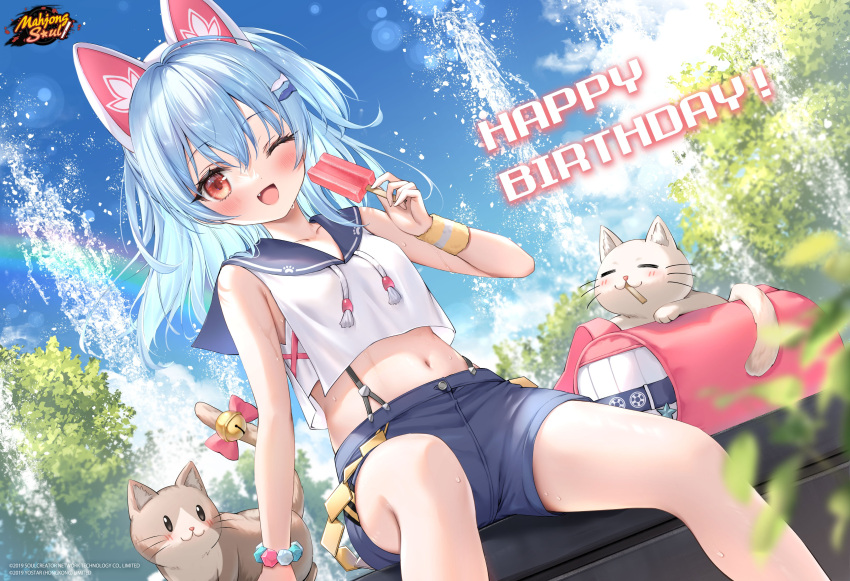 1girl :d absurdres animal animal_ears bag blue_hair cat commentary copyright_name day english_commentary fake_animal_ears fang food fountain happy_birthday highres holding holding_food igarashi_haruna logo mahjong_soul medium_hair midriff navel official_art official_wallpaper one_eye_closed outdoors popsicle rainbow red_eyes school_uniform serafuku short_shorts shorts smile solo suspenders suyamori sweatband tree