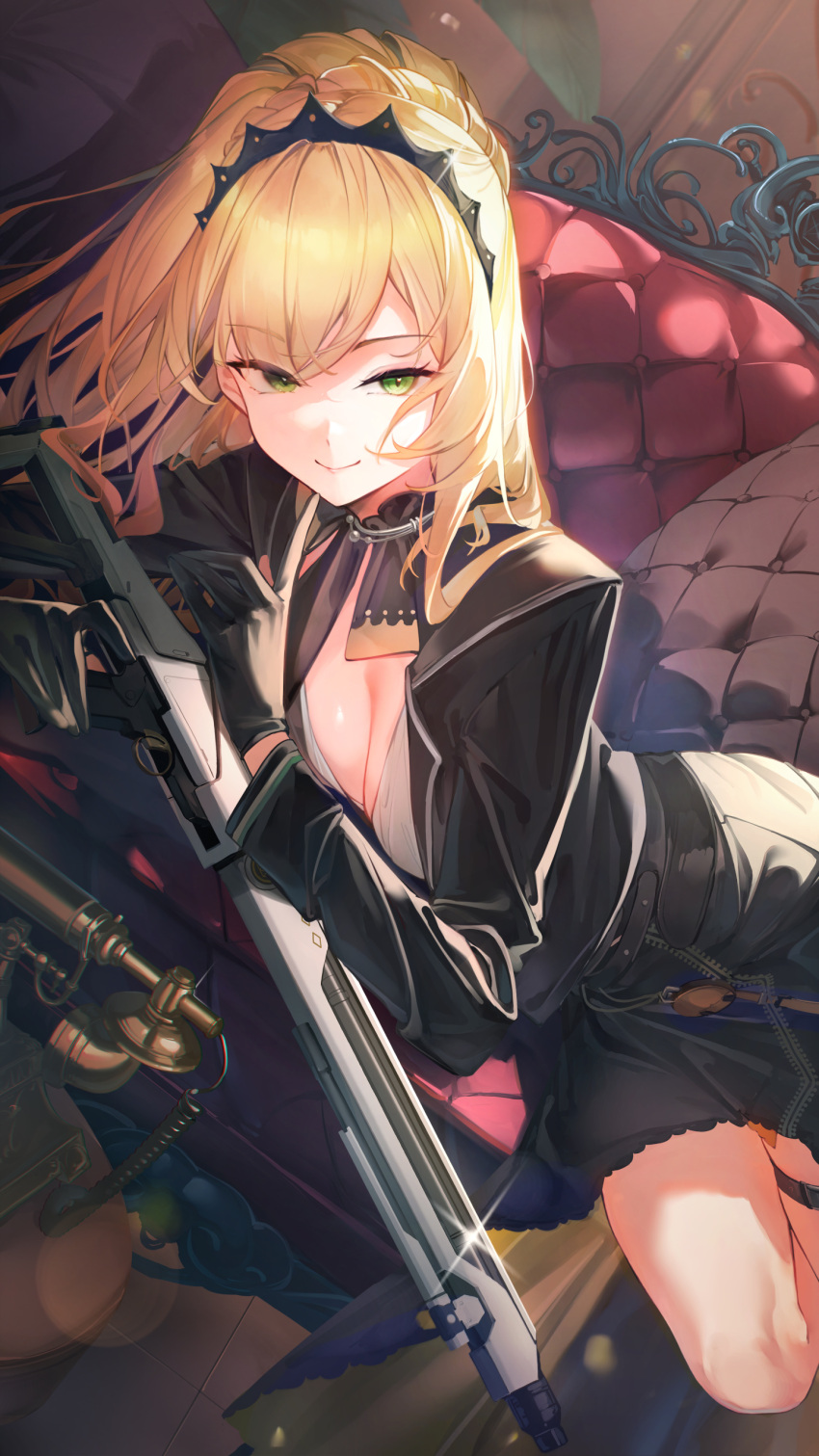 1girl 7gao absurdres bangs black_gloves black_jacket black_skirt blonde_hair breasts cleavage closed_mouth copyright_request corded_phone couch gloves green_eyes gun highres holding holding_gun holding_weapon indoors jacket long_hair long_sleeves looking_at_viewer on_couch phone skirt solo tiara weapon