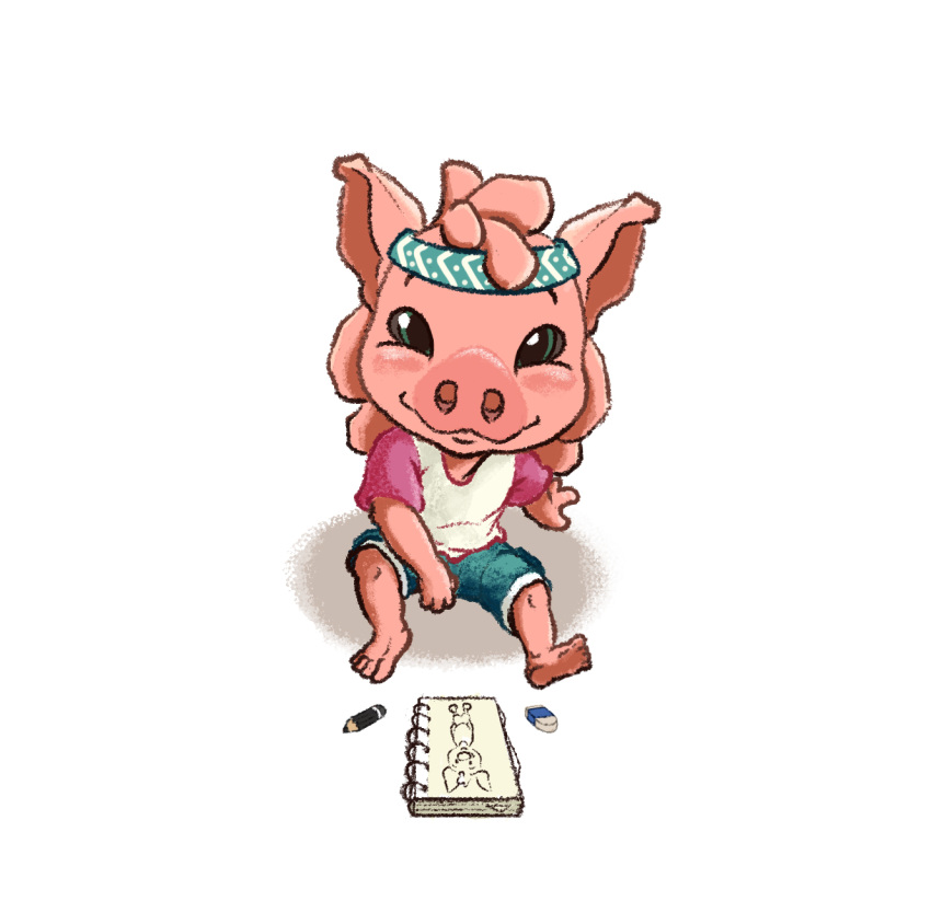 bandanna big_head clothed clothing domestic_pig eraser green_eyes happy hi_res kerchief male mammal pencil_(object) sitting sketchbook smile smiling_at_viewer solo somesoup suid suina sus_(pig)