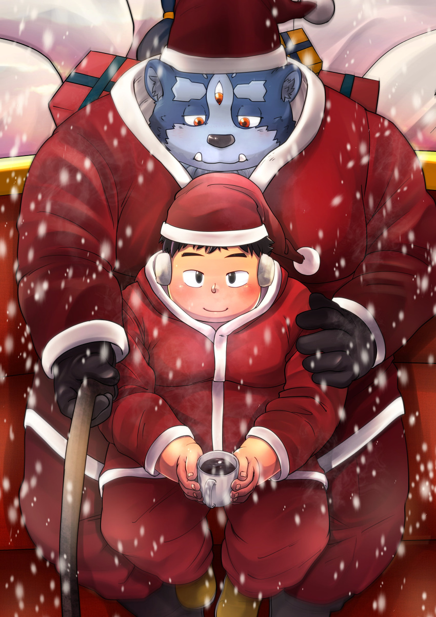 3_eyes absurd_res anthro blush christmas christmas_clothing christmas_headwear chubby_protagonist_(tas) clothing duo fur grey_body grey_fur hamagiato hat headgear headwear hi_res holidays human lifewonders male male/male mammal multi_eye on_lap overweight santa_hat size_difference snow tokyo_afterschool_summoners tsathoggua tusks