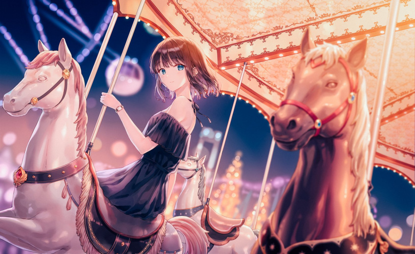 1girl bangs bare_shoulders blue_dress blue_eyes blue_sky blurry blurry_background blurry_foreground brown_hair carousel character_request clear_sky closed_mouth copyright_request depth_of_field dress feet_out_of_frame full_moon highres hiten_(hitenkei) holding horse light looking_away moon night night_sky off-shoulder_dress off_shoulder outdoors short_hair sidelocks sitting sky smile solo watch wristwatch