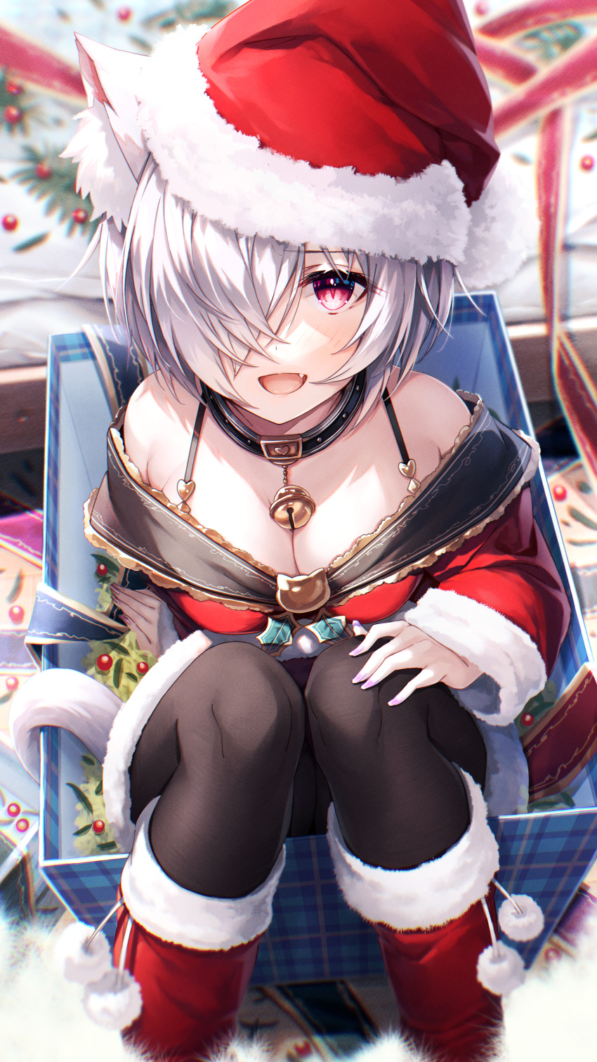 1girl :d absurdres animal_ear_fluff animal_ears bangs bell black_collar boots box breasts cleavage collar commentary_request dress fang from_above gift gift_box grey_hair hair_over_one_eye hasumi_(hasubatake39) hat highres in_box in_container jingle_bell knee_boots kuon_(hasumi_(hasubatake39)) looking_at_viewer medium_breasts neck_bell off_shoulder original pantyhose pink_eyes purple_nails red_dress red_ribbon ribbon santa_hat short_hair smile solo