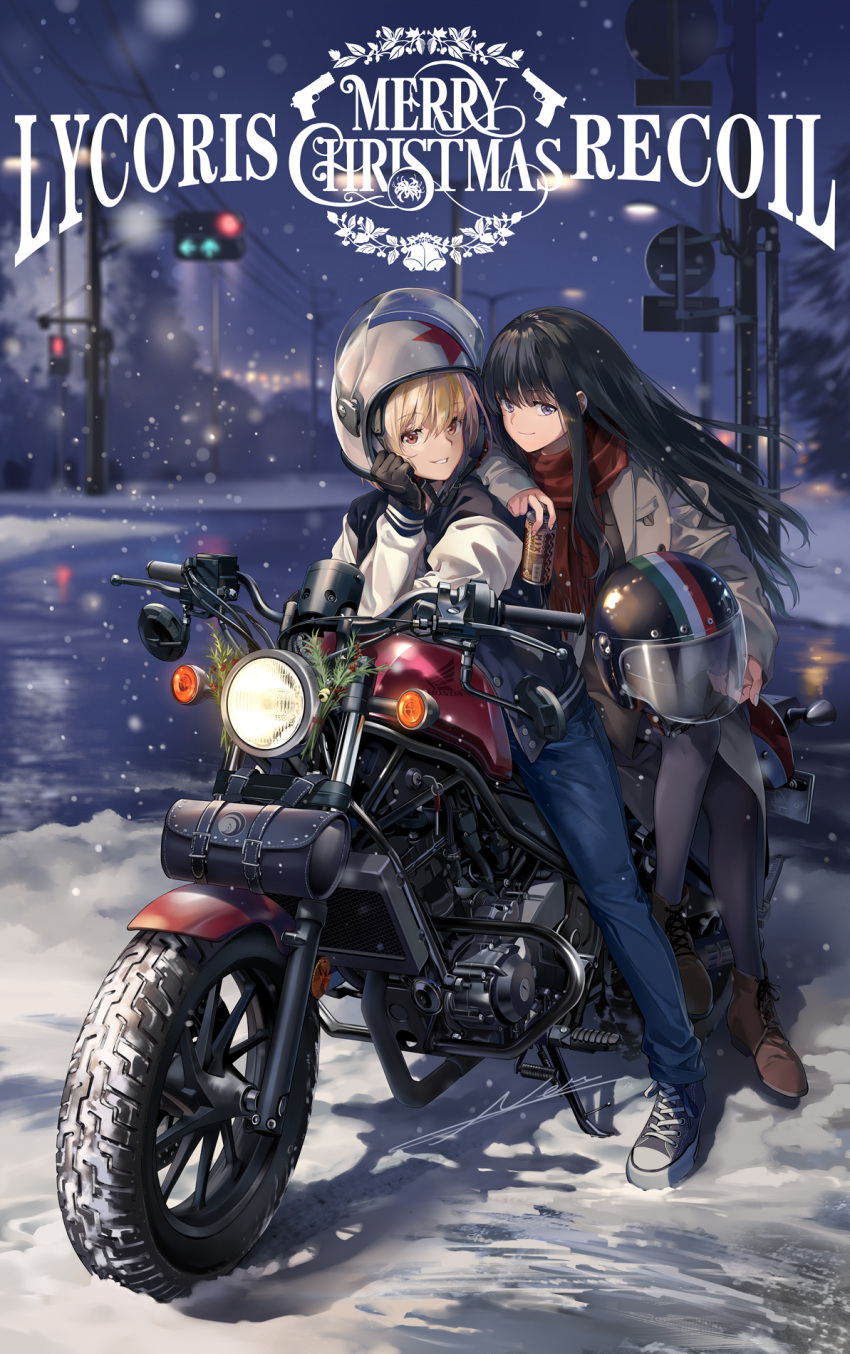 2girls bangs black_gloves black_hair blonde_hair can closed_mouth coat full_body gloves ground_vehicle hair_between_eyes helmet highres holding holding_can inoue_takina jacket long_hair lycoris_recoil merry_christmas motor_vehicle motorcycle motorcycle_helmet multiple_girls neko_(yanshoujie) night nishikigi_chisato open_clothes open_coat open_jacket outdoors pants parted_lips red_eyes red_scarf riding scarf shoes short_hair smile snow snowing