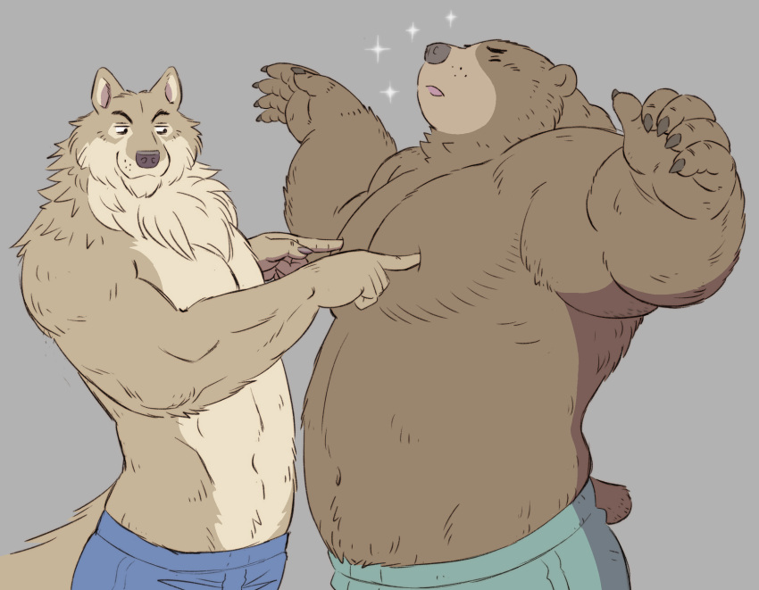 2022 anthro bear brown_body brown_fur canid canine duo eyes_closed fur gadoran hi_res humanoid_hands kemono male mammal simple_background slightly_chubby