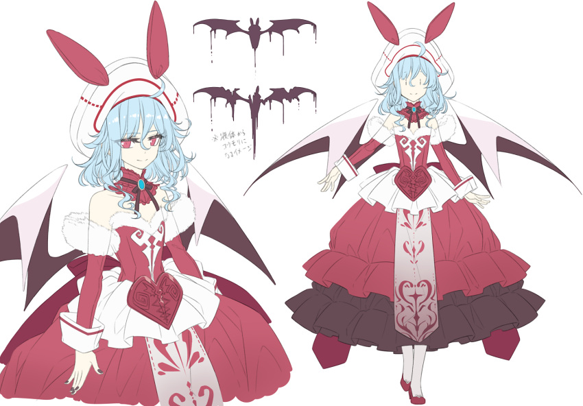 1girl bare_shoulders bat_wings black_nails blue_gemstone blue_hair closed_mouth collar commentary commission curiosities_of_lotus_asia detached_sleeves dress fingernails fur-trimmed_dress fur-trimmed_sleeves fur_trim gem hat long_hair multiple_views nail_polish red_collar red_dress red_eyes red_footwear red_sleeves remilia_scarlet sakuraba_yuuki shoes skeb_commission sketch sleeve_cuffs smile touhou white_headwear wings