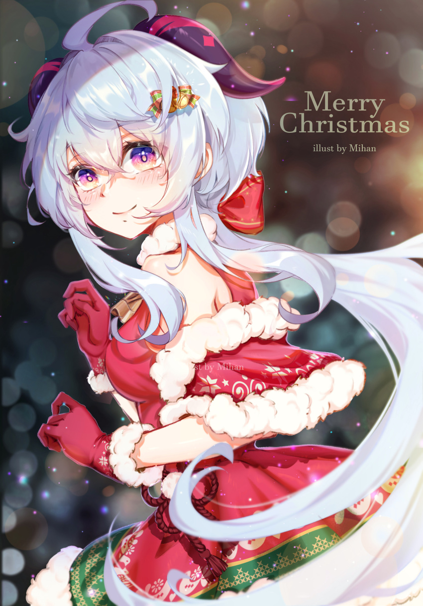 1girl absurdres ahoge artist_name bangs bare_shoulders bell blue_hair blush bow breasts chinese_knot christmas detached_sleeves flower_knot from_side ganyu_(genshin_impact) genshin_impact gloves hair_ornament highres horns long_hair looking_at_viewer low_ponytail medium_breasts mihan77108047 neck_bell purple_eyes red_gloves santa_costume sidelocks signature smile solo upper_body
