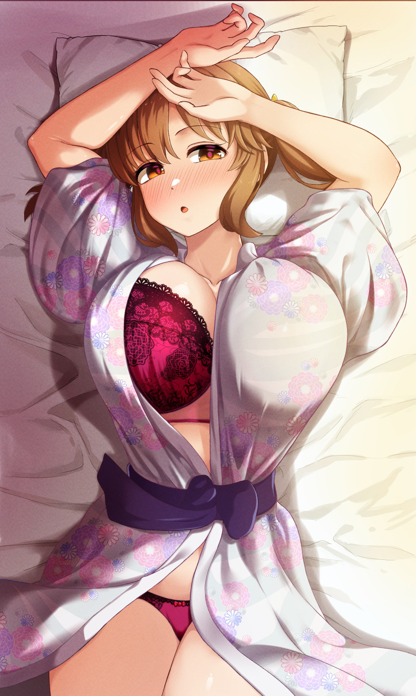 1girl :o absurdres arms_up bath_yukata bed_sheet blush bra breasts brown_hair full-face_blush heart heart-shaped_pupils highres idolmaster idolmaster_cinderella_girls japanese_clothes kimono lace-trimmed_bra lace_trim large_breasts looking_at_viewer loose_kimono lying mukae_gou on_back panties pillow red_bra red_panties sidelocks solo symbol-shaped_pupils totoki_airi twintails underwear yukata