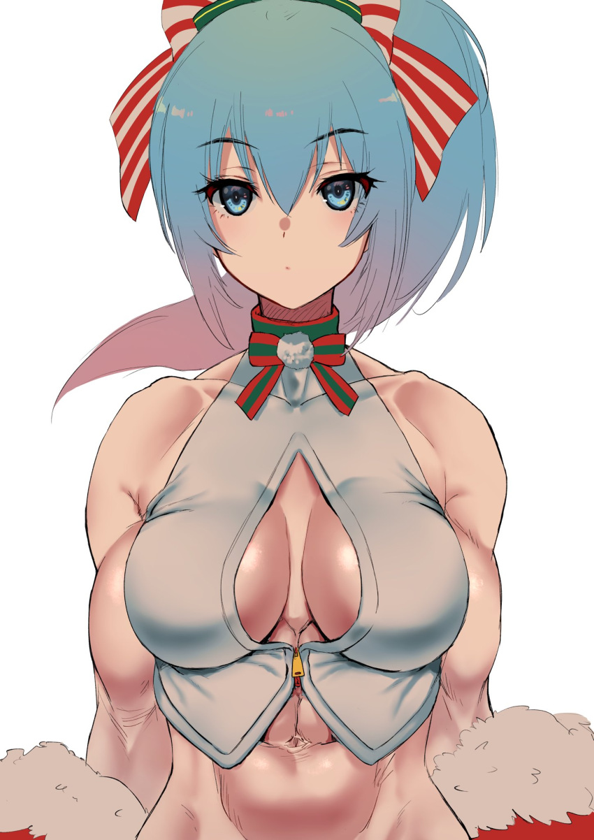 1girl abs bare_shoulders beniazumaru biceps blue_eyes blue_hair breasts choker christmas closed_mouth highres leona_heidern muscular muscular_female ribbon simple_background sleeveless solo the_king_of_fighters the_king_of_fighters_all-stars white_background