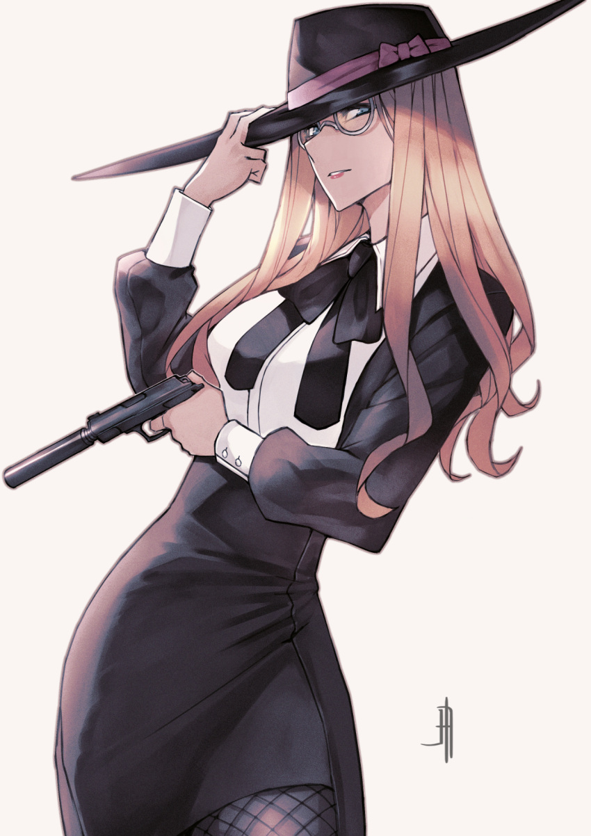 1girl black_headwear black_jacket black_ribbon black_skirt bow breasts brown_hair collared_shirt cowboy_shot fishnet_pantyhose fishnets glasses green_eyes gun handgun hat hat_bow hat_tip highres holding holding_gun holding_weapon j._artur jacket lipstick long_hair long_sleeves looking_at_viewer makeup neck_ribbon pantyhose parted_lips purple_bow red_hair ribbon shirt simple_background skirt solo spy_x_family sylvia_sherwood weapon white_shirt wing_collar