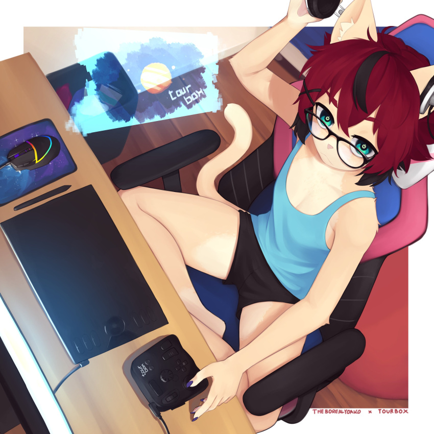1girl absurdres aeiou_(yoako) black_panties blue_camisole boyshort_panties breasts camisole chair cleavage closed_mouth drawing_tablet from_above furry furry_female gaming_chair green_eyes hair_ornament hairclip headphones headphones_for_animal_ears highres huion indian_style looking_at_viewer medium_hair mouse_(computer) multicolored_hair on_chair original panties red_hair sitting small_breasts solo streaked_hair stylus tail tourbox underwear x_hair_ornament yoako