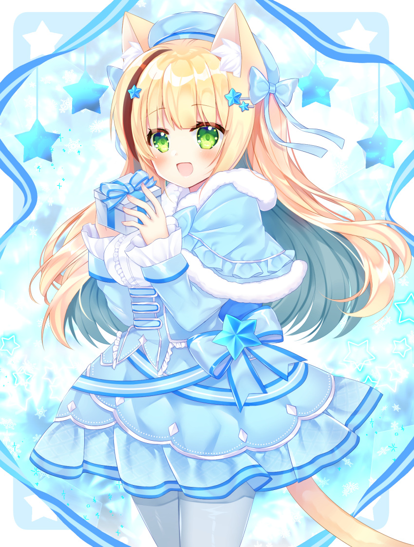 1girl :d animal_ear_fluff animal_ears beret black_hair blonde_hair blue_bow blue_capelet blue_headwear blue_skirt blush bow box breasts capelet cat_ears cat_girl cat_tail center_frills commentary_request frills fur-trimmed_capelet fur_trim gift gift_box green_eyes grey_pantyhose hair_ornament hairclip hands_up hat highres holding holding_gift long_hair long_sleeves looking_at_viewer medium_breasts multicolored_hair original pantyhose shikito shirt skirt sleeves_past_wrists smile solo star_(symbol) star_hair_ornament streaked_hair tail very_long_hair white_shirt