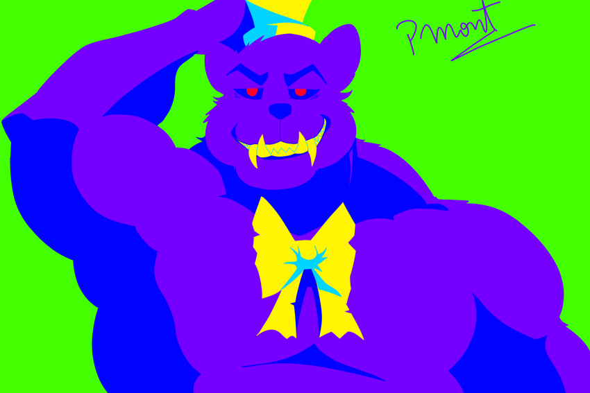 anthro barazoku bear big_muscles black_body black_fur bow_tie clothing eyebrows fangs five_nights_at_freddy's five_nights_at_freddy's_4 fur hand_on_head hat headgear headwear hi_res huge_muscles looking_at_viewer male male/male mammal musclebear muscular muscular_anthro muscular_male nightmare_(fnaf) pecs pinumontbalou red_eyes scottgames smile smiling_at_viewer solo teeth